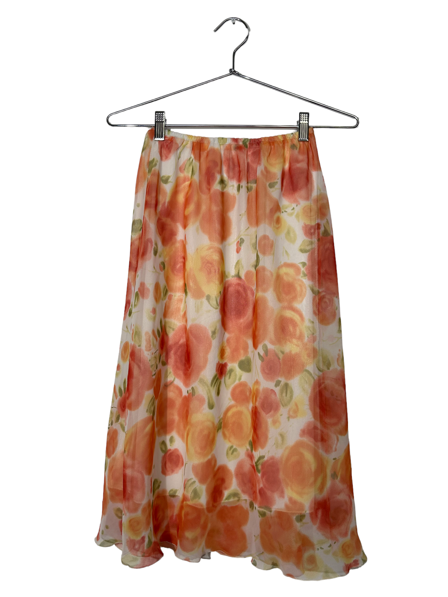 White & Orange Floral Midi Skirt