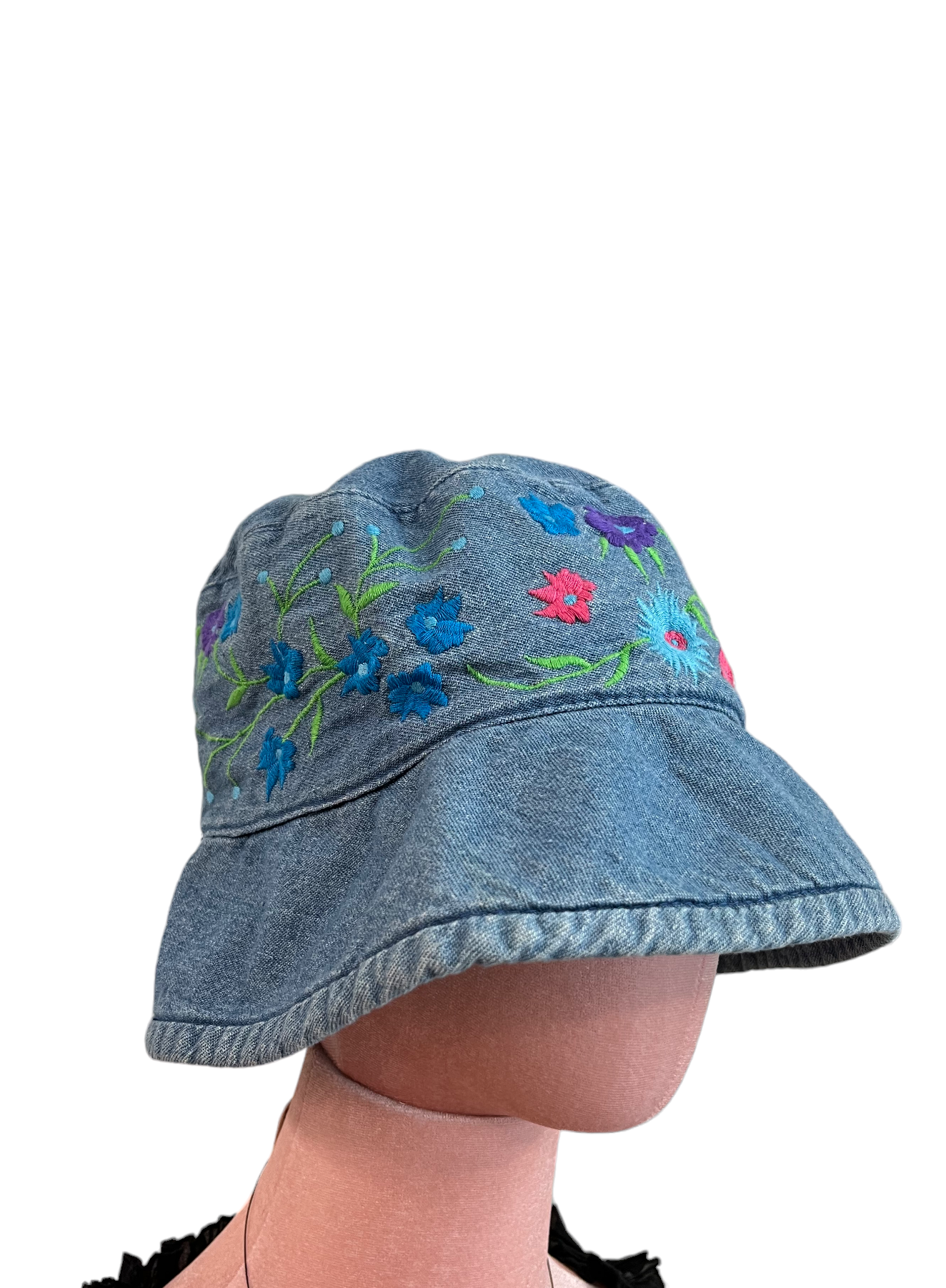 Denim Floral Embroidery Bucket Hat
