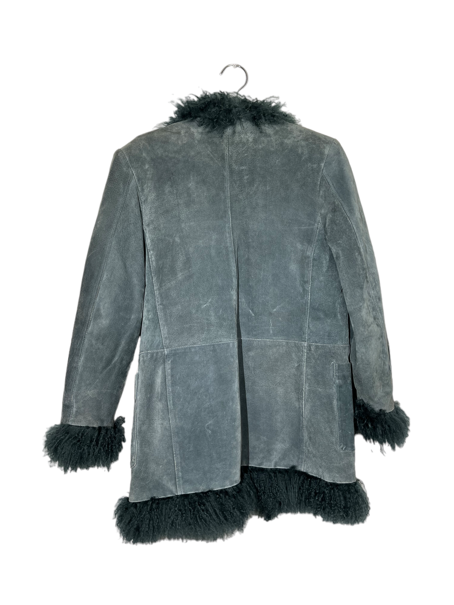 Blue Leather Coat Fur Trim