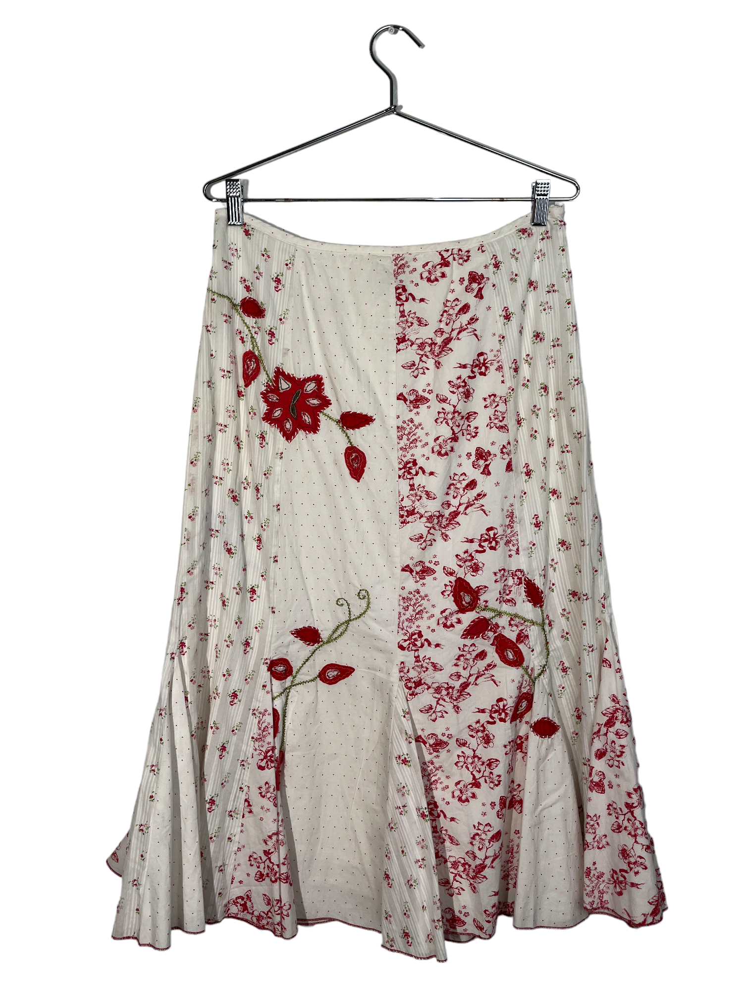 White Floral Red Detailing Maxi Skirt