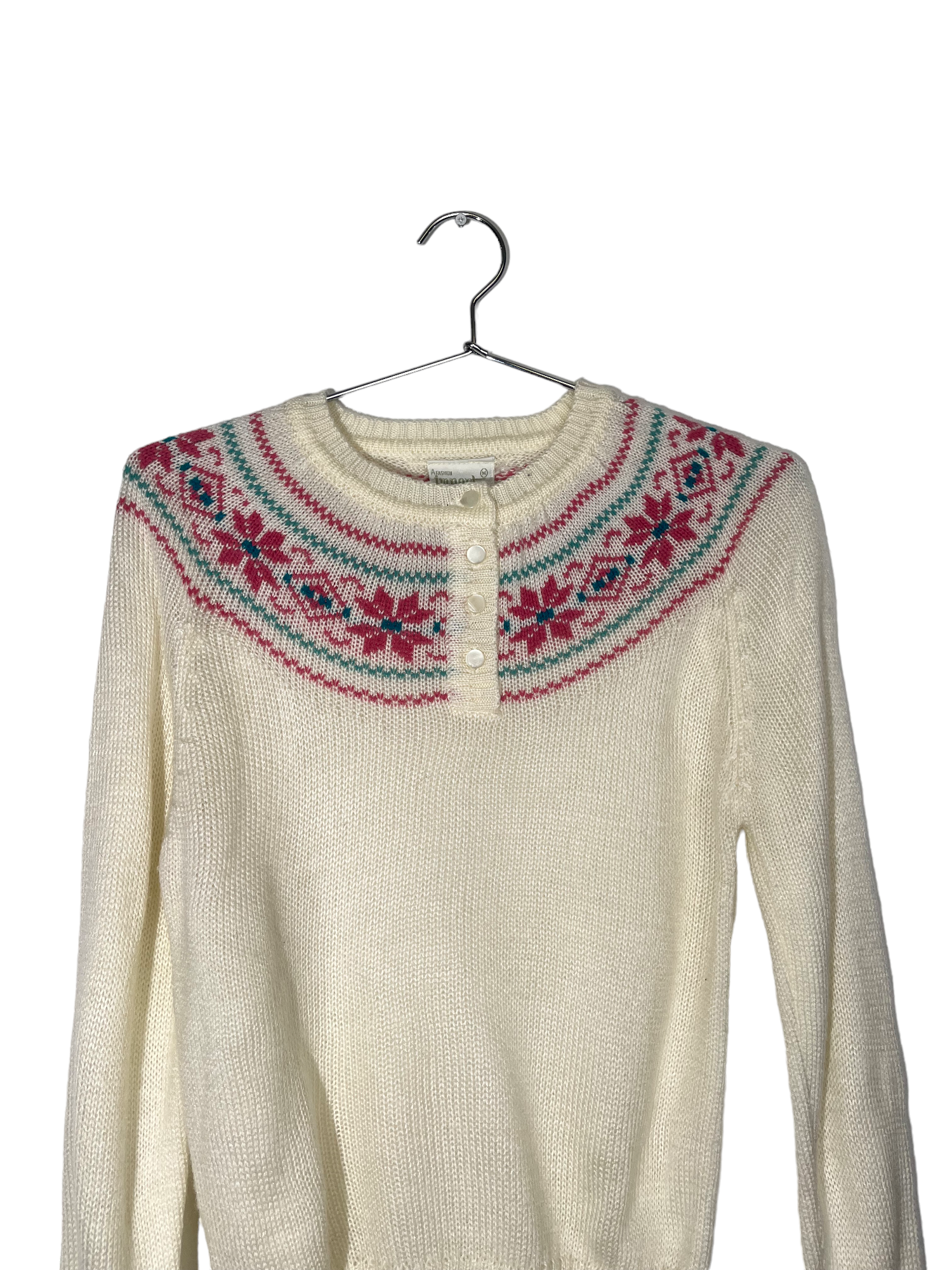 White Knitted Sweater Pink Snowflakes Design