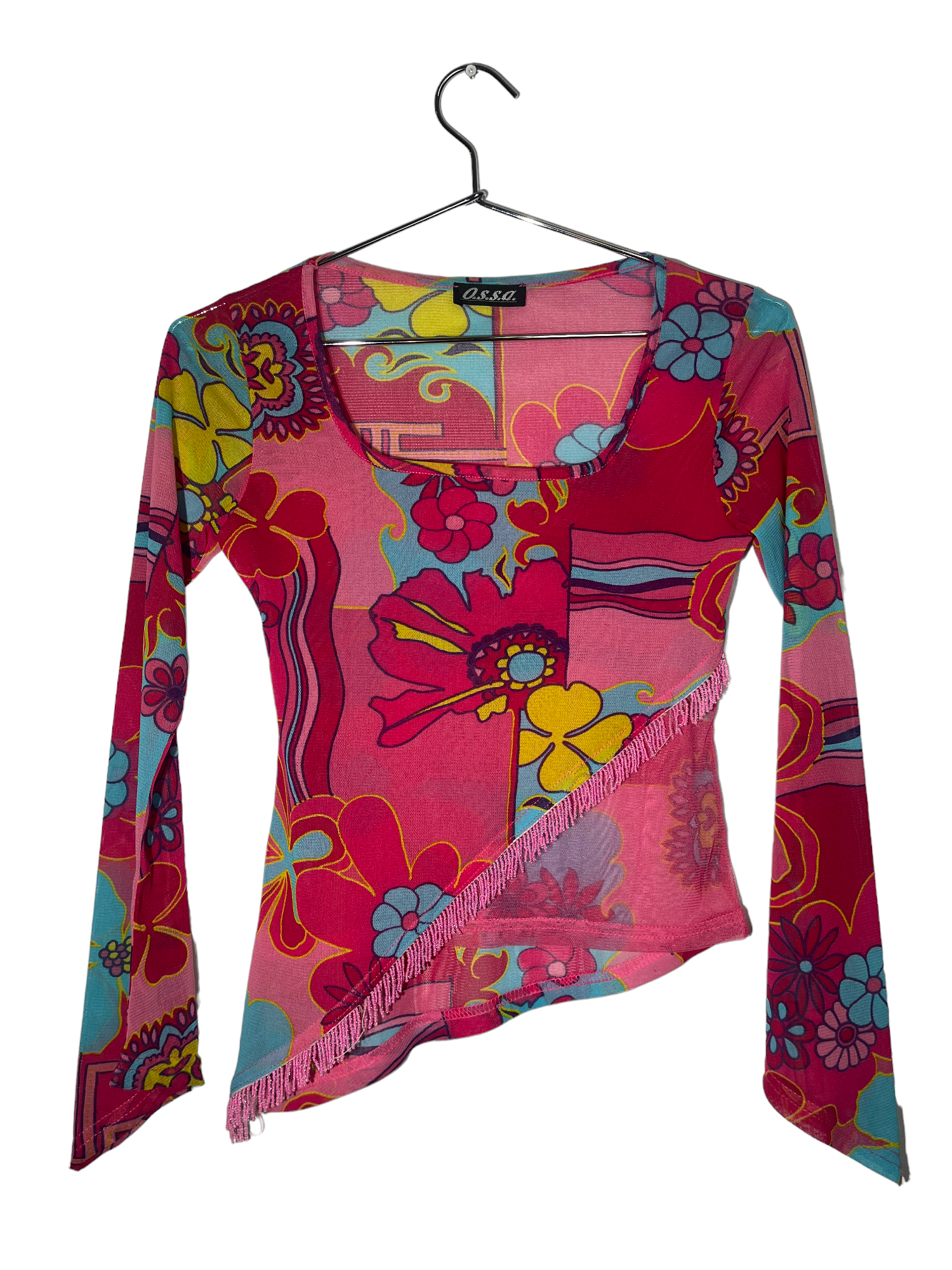 Pink Floral Graphic Sheer Long Sleeve Top