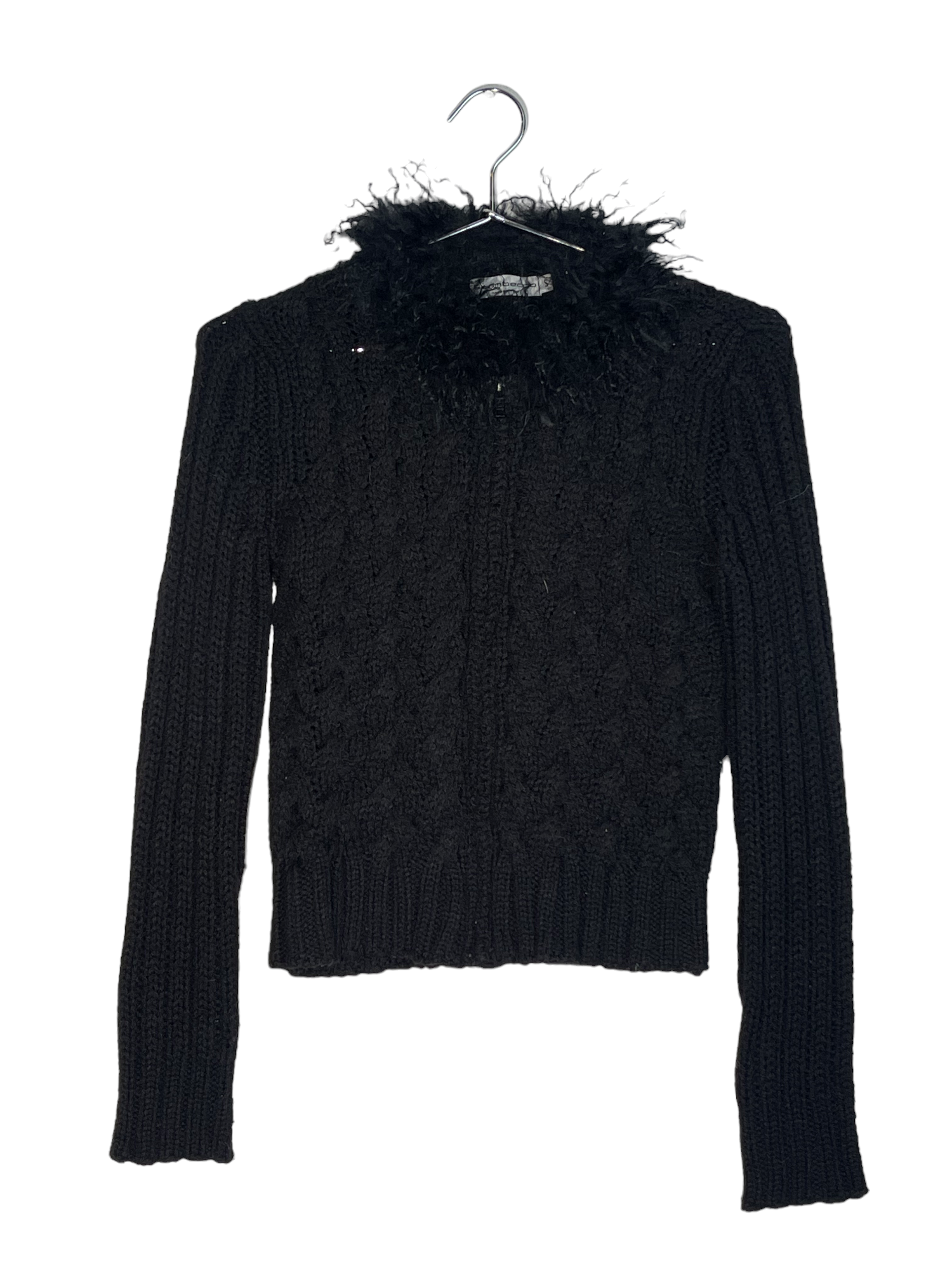 Black Fuzz Neck Cable Knit Sweater