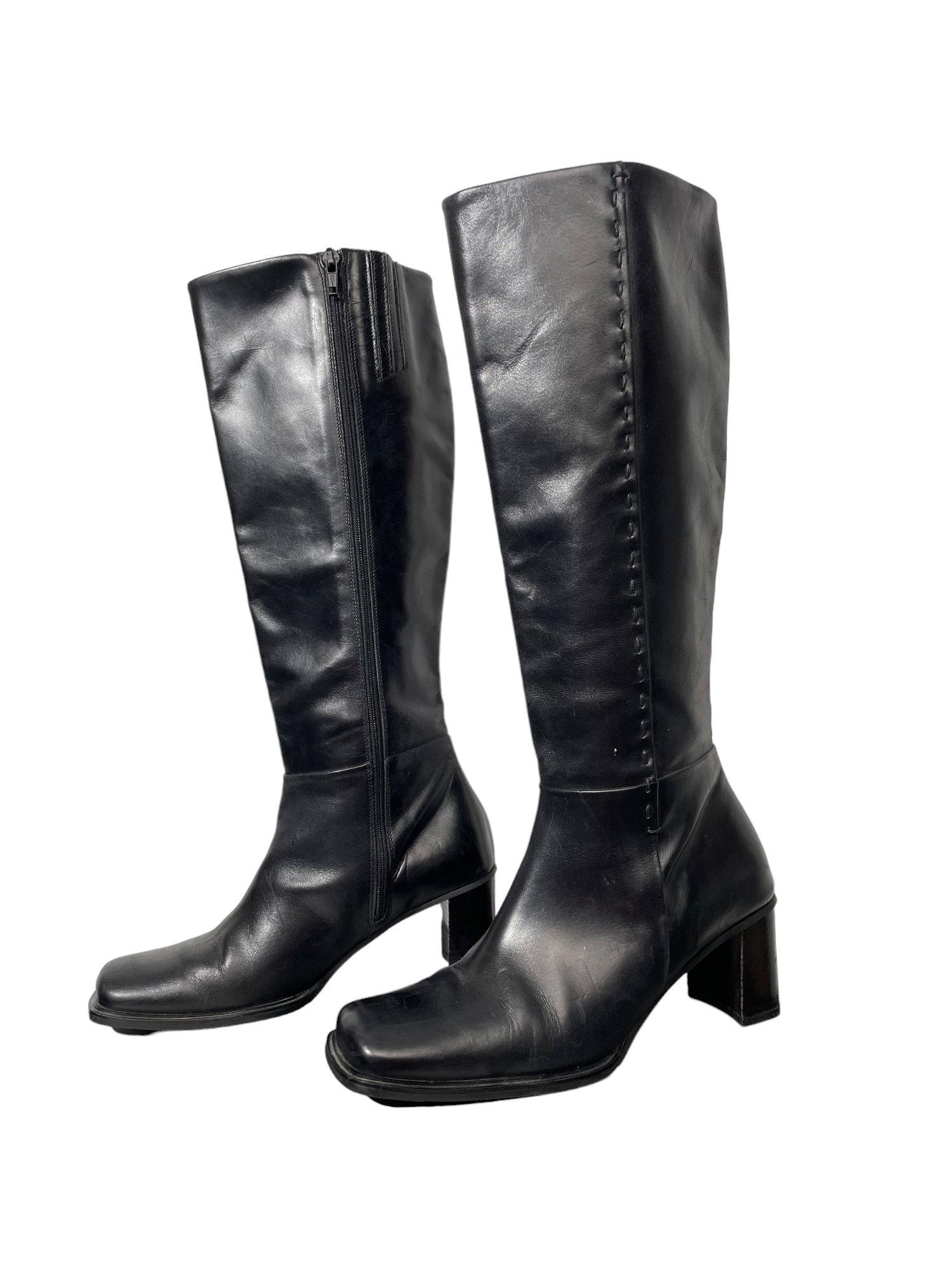 Black Leather Slip On Tall Block Heel Square Toe Boots