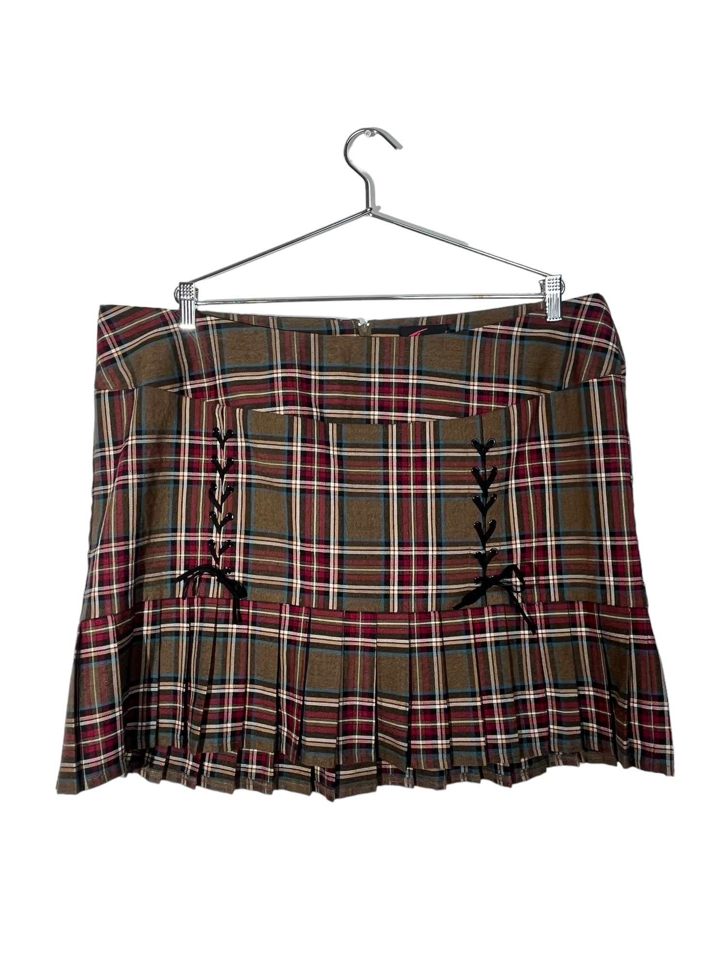 Brown Pleated Plaid Lace-Up Detailed Skirt