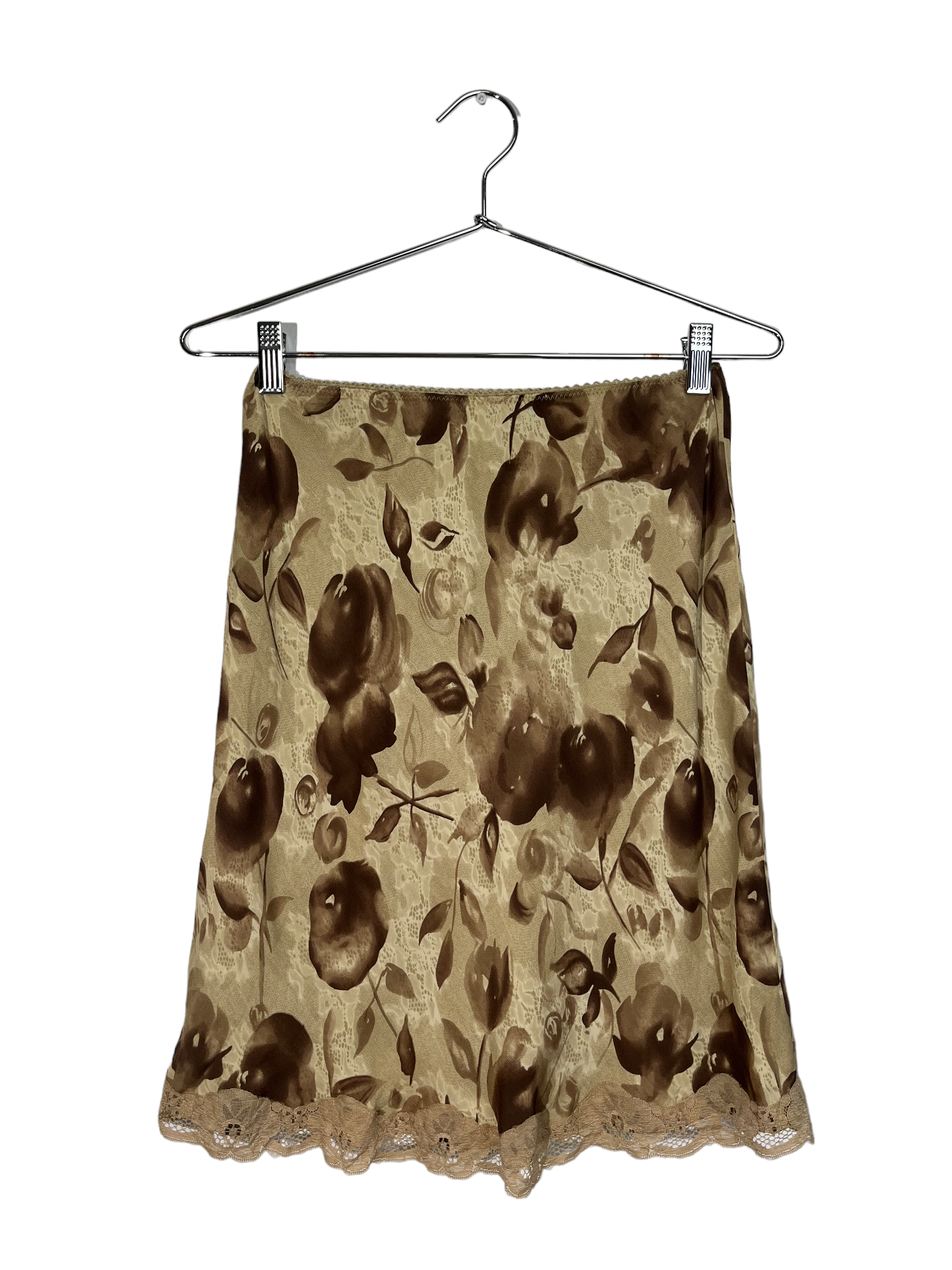 Brown Floral Lace Trim Slip Skirt