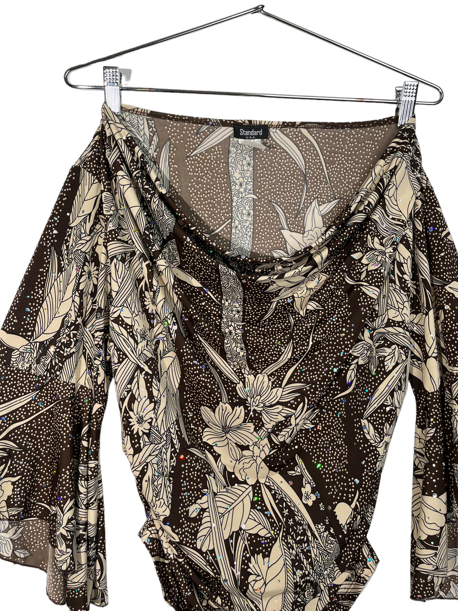 Brown Floral Flare Sleeve Cowl Neck Top