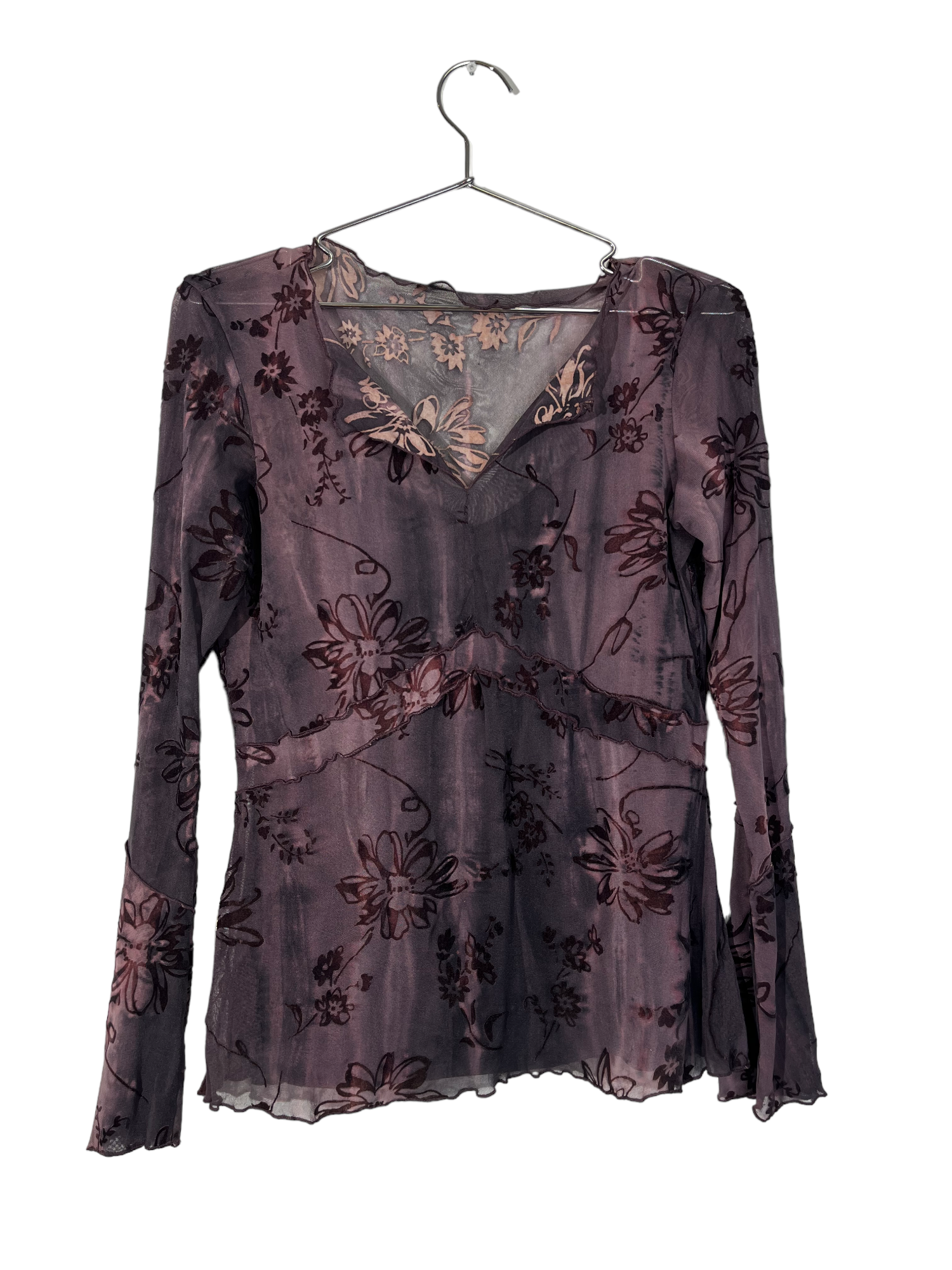 Purple Floral Sheer Long Sleeve Top