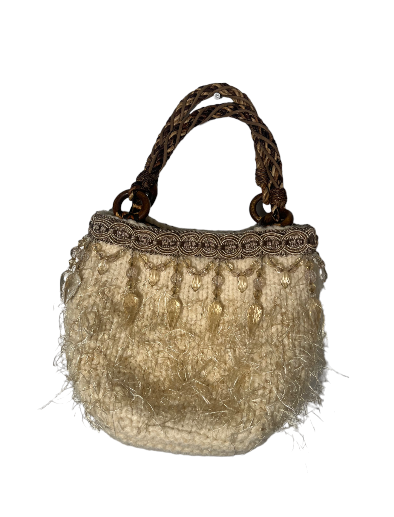 Cream Knitted Embellished Shoulder Purse