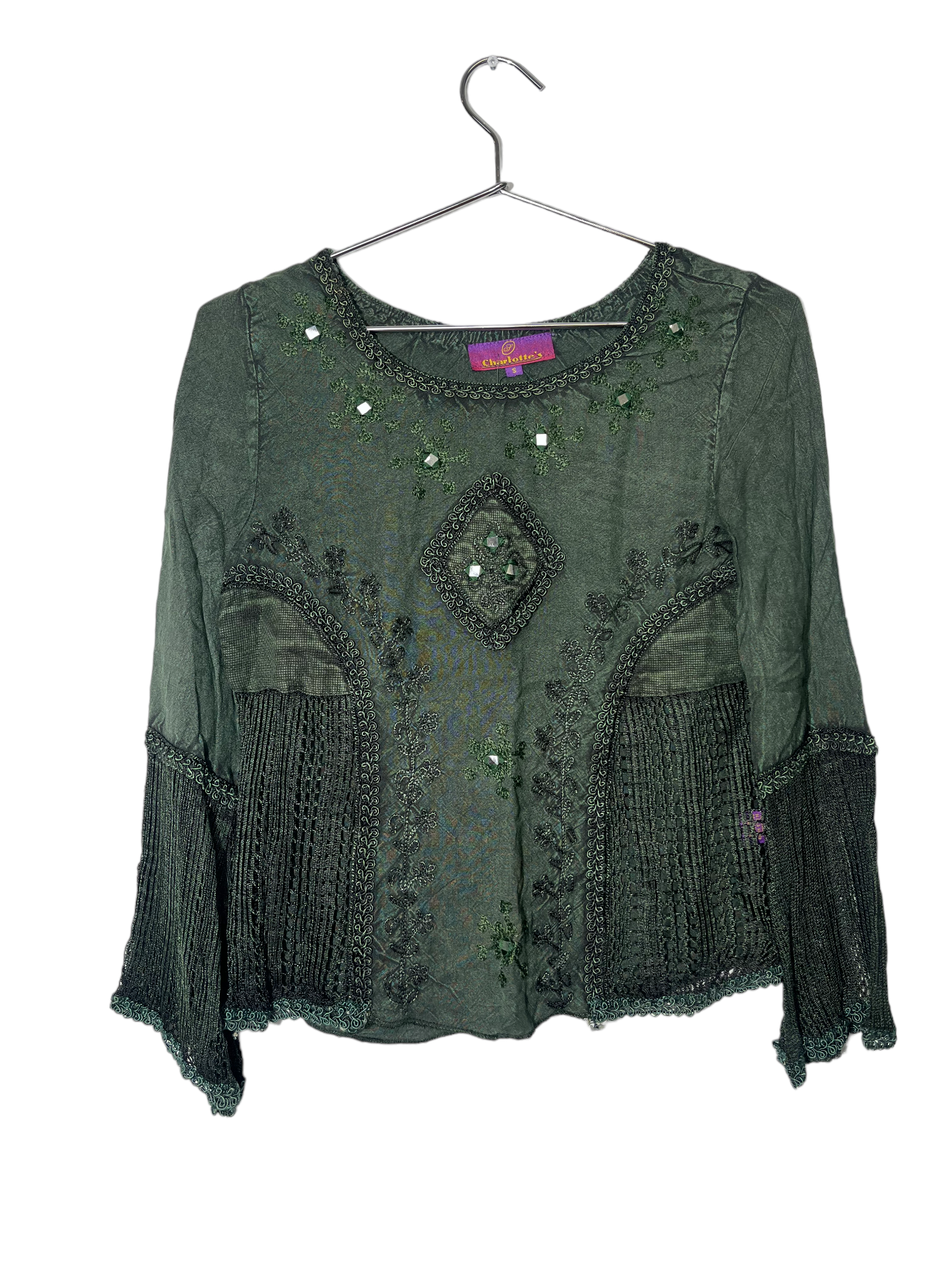 Charlotte’s Green Bell Sleeve Embroidered Top