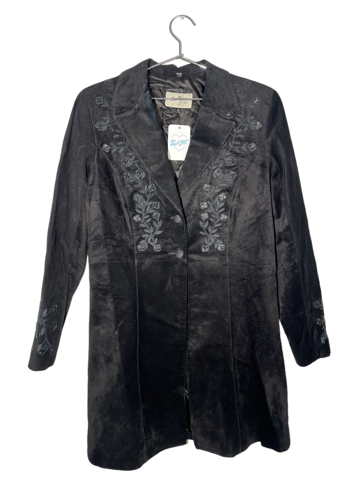 Black Long Coat Embroidered & Sequined Flowers