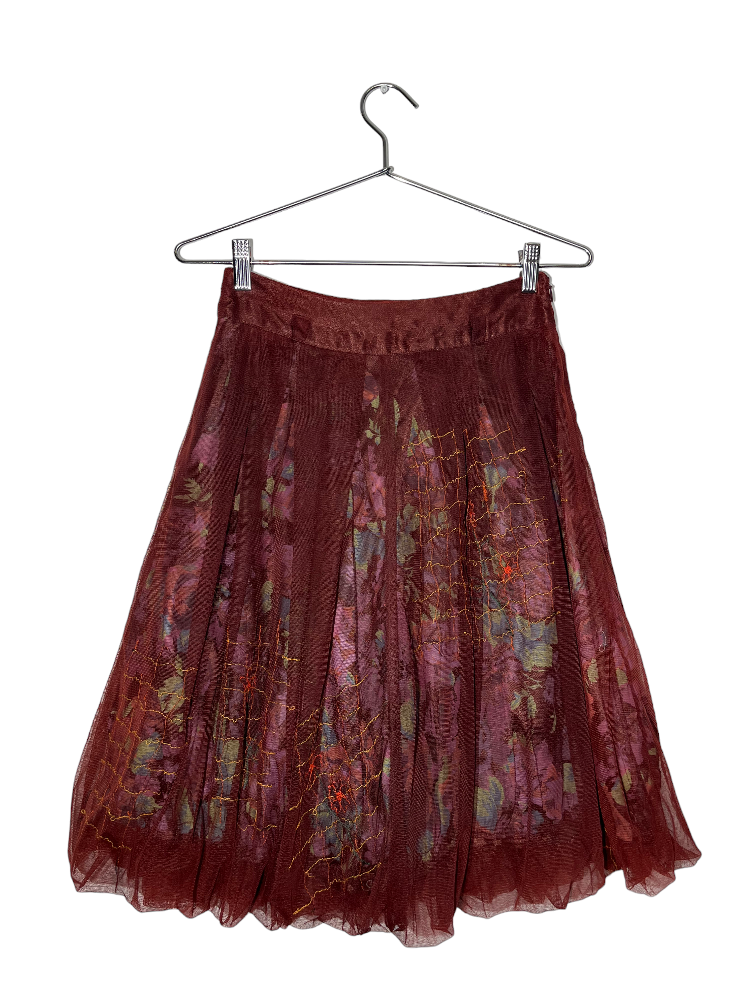 Burgundy Mesh Floral Puffy Skirt