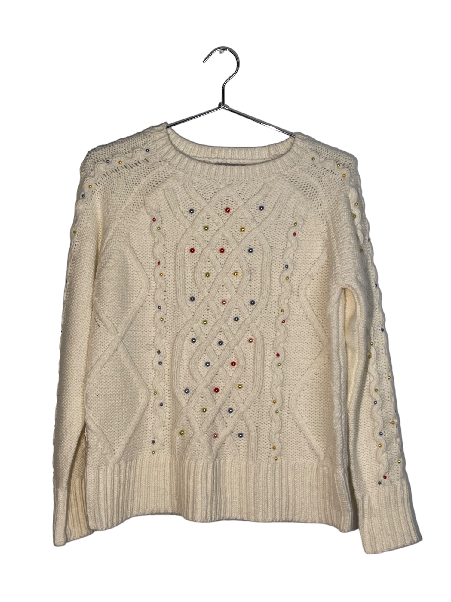 White Colorful Bead Detailed Cable Knit Sweater