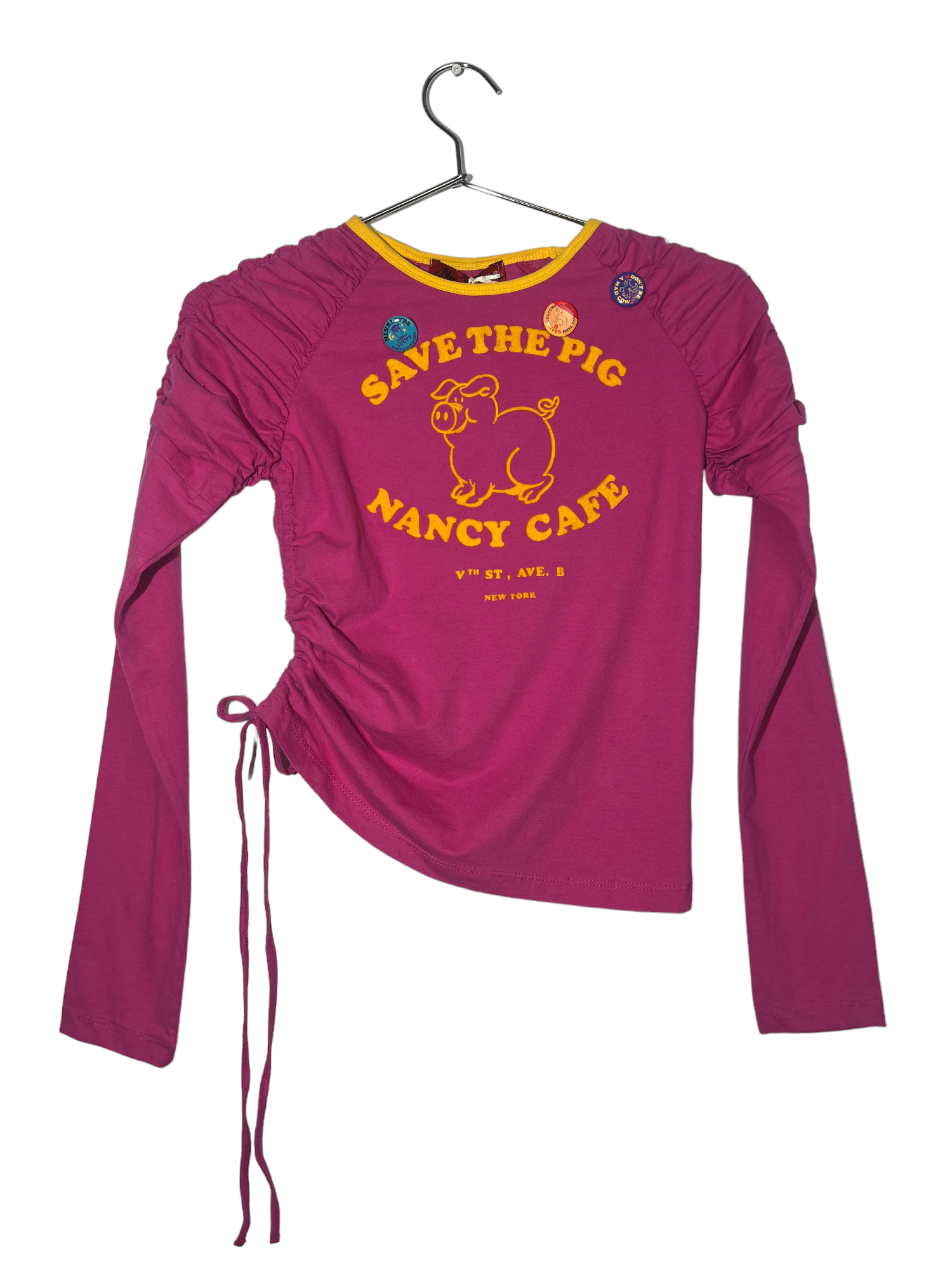 Pink "Save The Pig" Graphic Long Sleeve Top with Pins