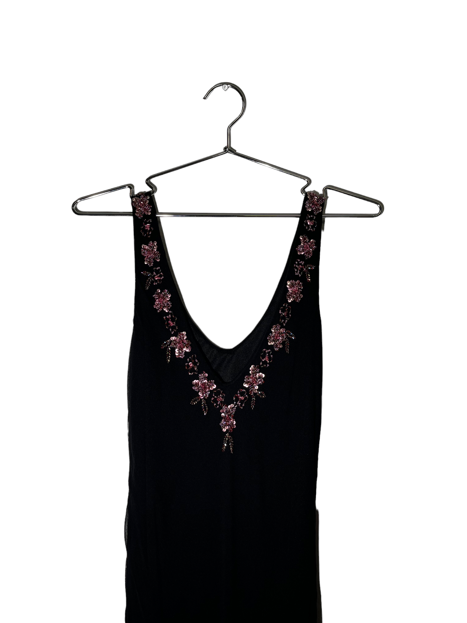 Black Silk Slip Dress with Pink Embroidery