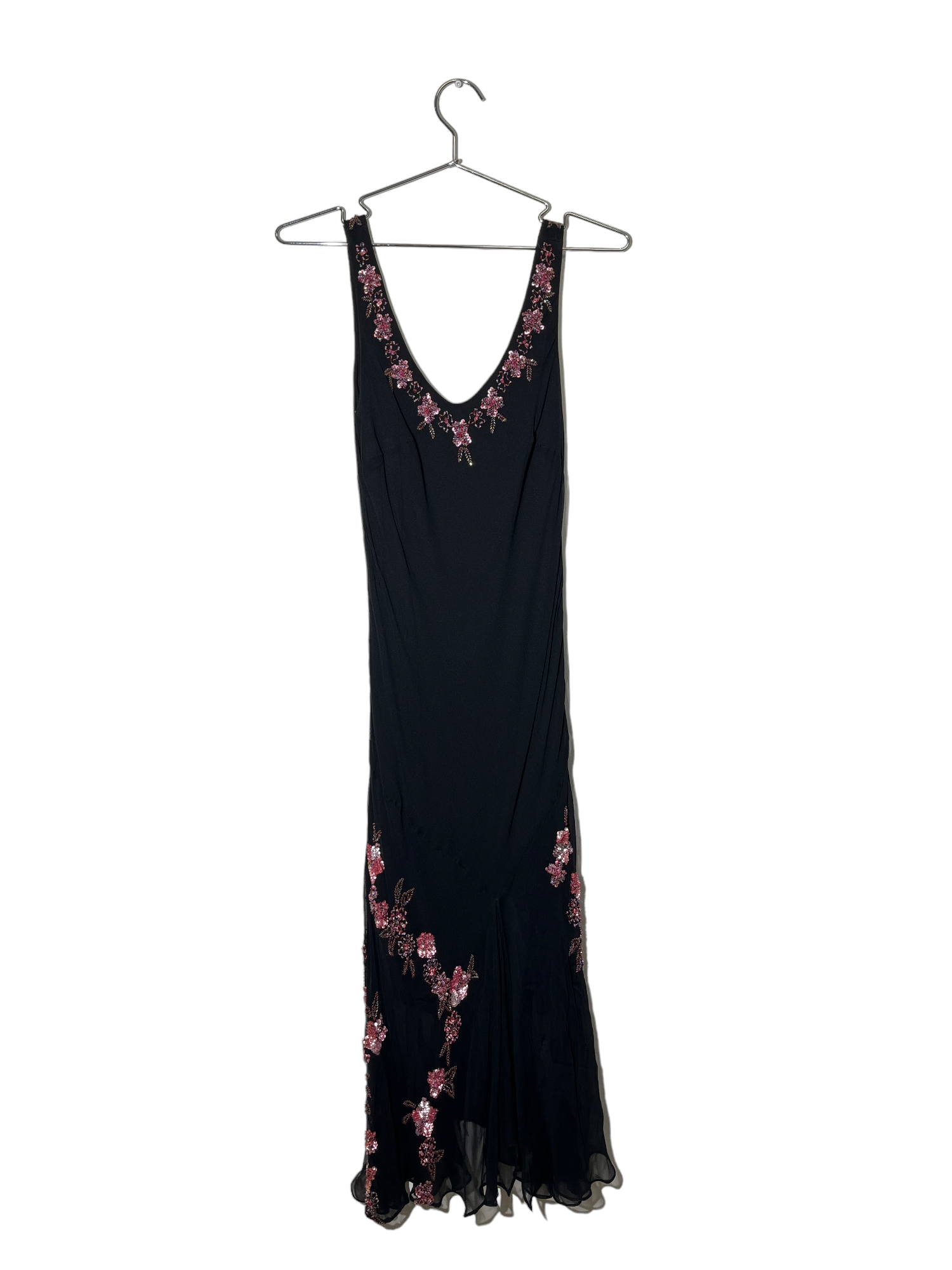 Black Silk Slip Dress with Pink Embroidery