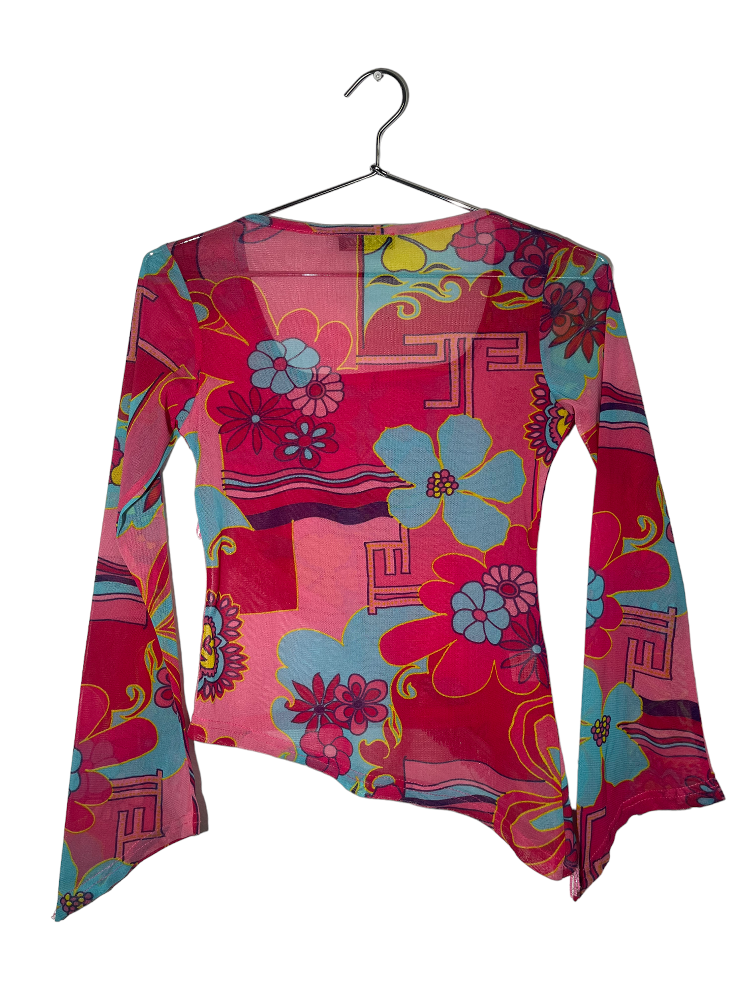 Pink Floral Graphic Sheer Long Sleeve Top