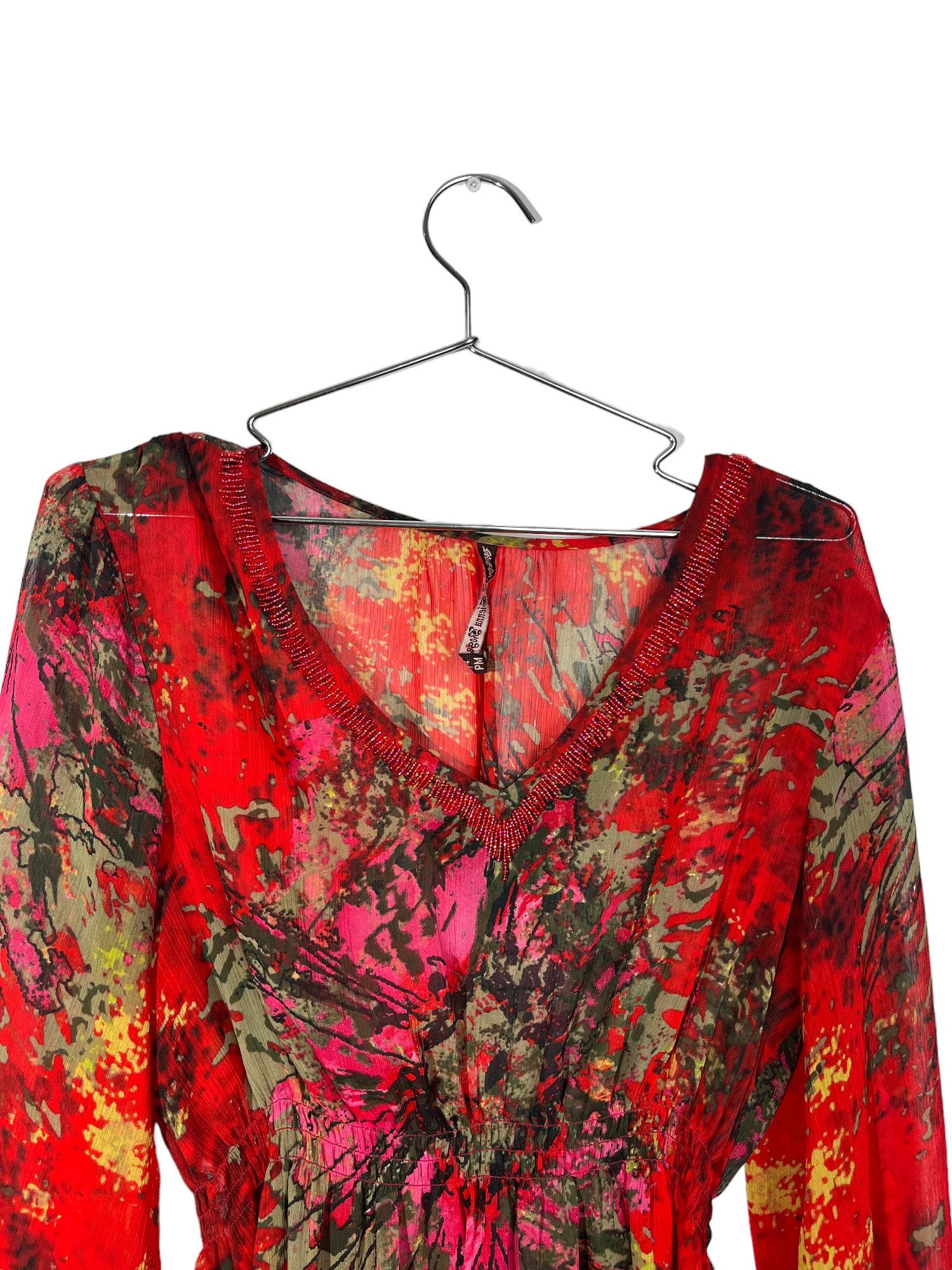 Red Abstract Beaded Flare 3/4 Sleeve Top